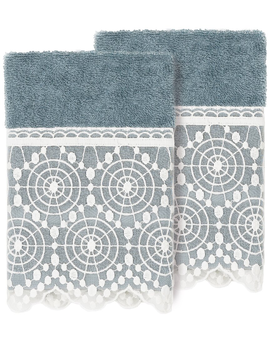 Linum Home Textiles 100% Turkish Cotton Arian 2pc Cream Lace Embellished Washcloth Set In Teal