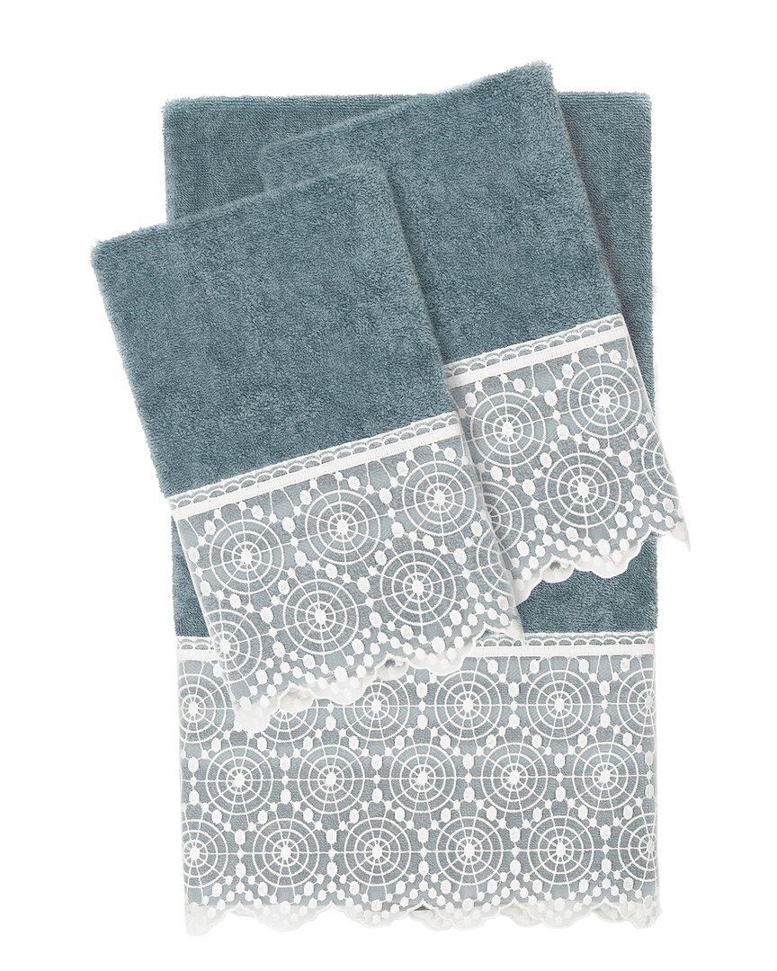 Linum Home Textiles 100% Turkish Cotton Arian 3pc Cream Lace Embellished Towel Set In Teal