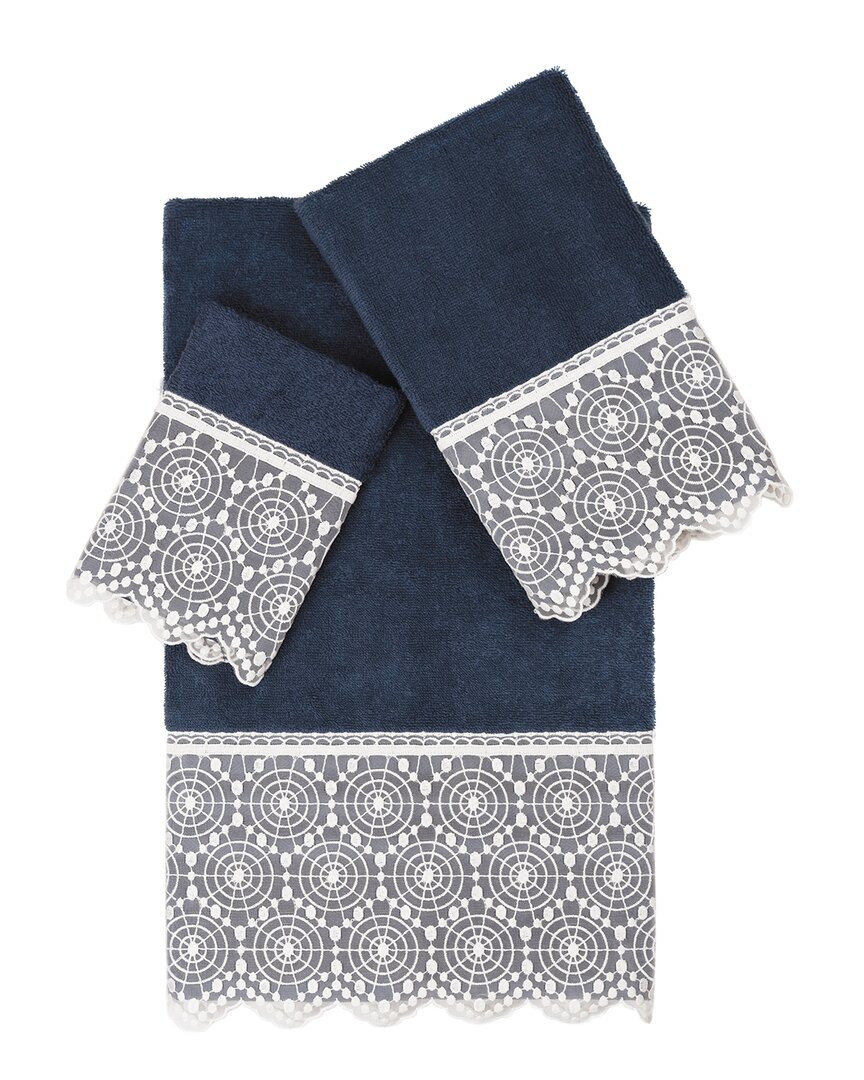 Linum Home Textiles 100% Turkish Cotton Arian 3pc Cream Lace Embellished Towel Set In Navy