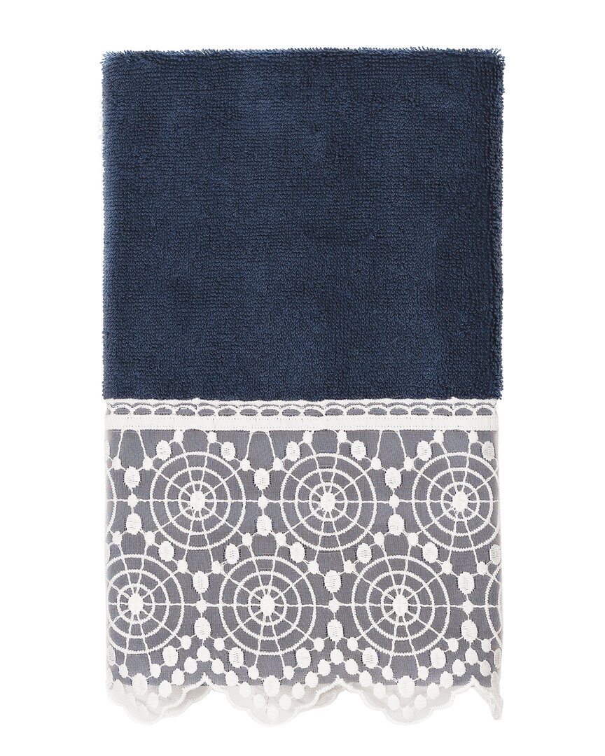 Linum Home Textiles 100% Turkish Cotton Arian Cream Lace Embellished Hand Towel In Medium Blue