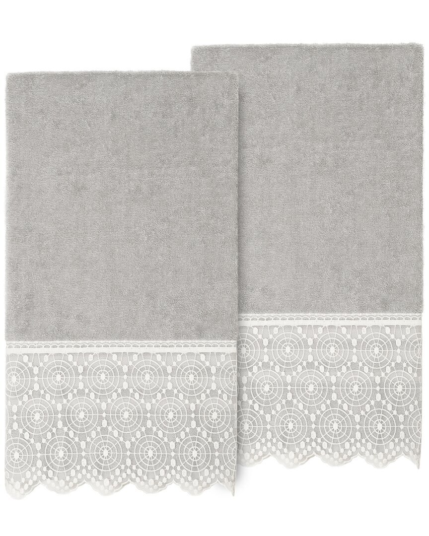 Linum Home Textiles 100% Turkish Cotton Arian 2pc Cream Lace Embellished Bath Towel Set In Gray