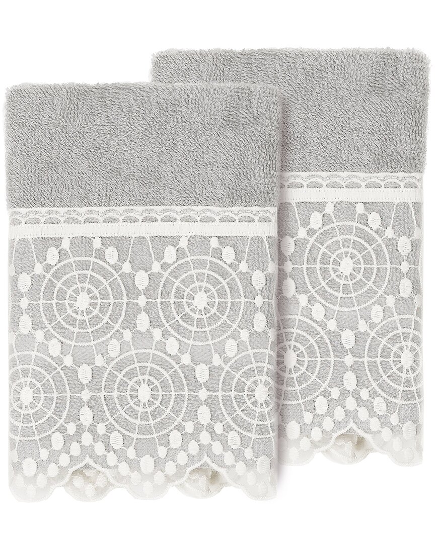 Linum Home Textiles 100% Turkish Cotton Arian 2pc Cream Lace Embellished Washcloth Set In Gray