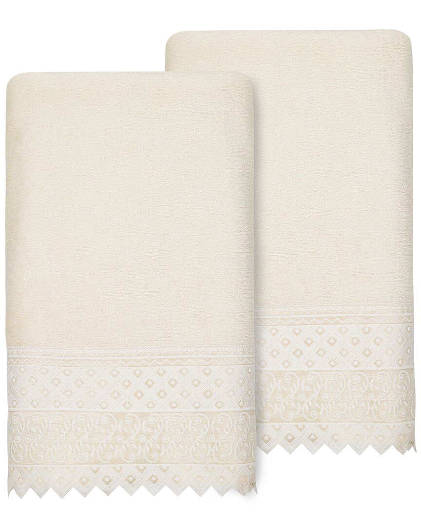 Linum Home Textiles 100% Turkish Cotton Aiden 2pc White Lace Embellished Bath Towel Set In Neutral