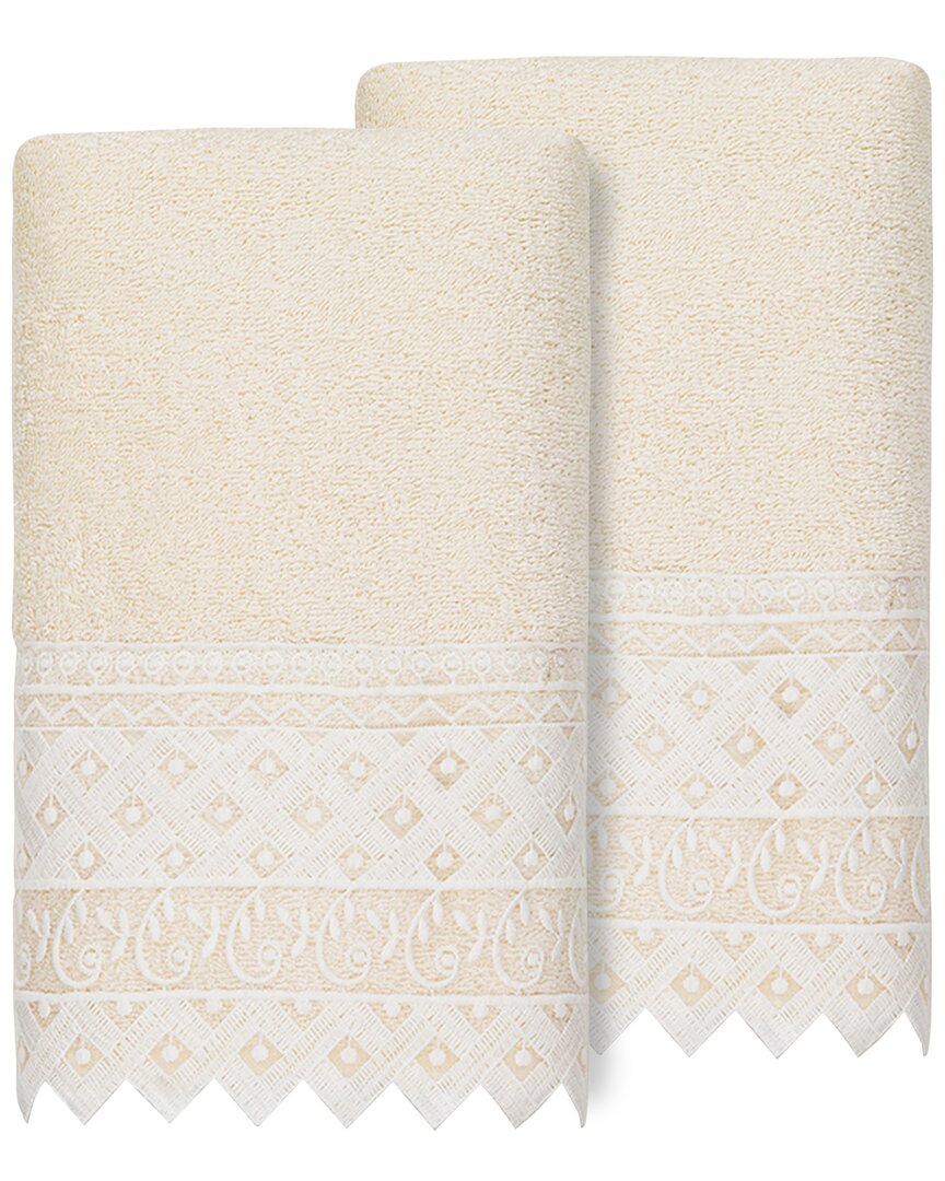Linum Home Textiles 100% Turkish Cotton Aiden 2pc White Lace Embellished Hand Towel Set In Cream