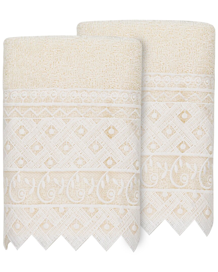 Linum Home Textiles 100% Turkish Cotton Aiden 2pc White Lace Embellished Washcloth Set In Cream