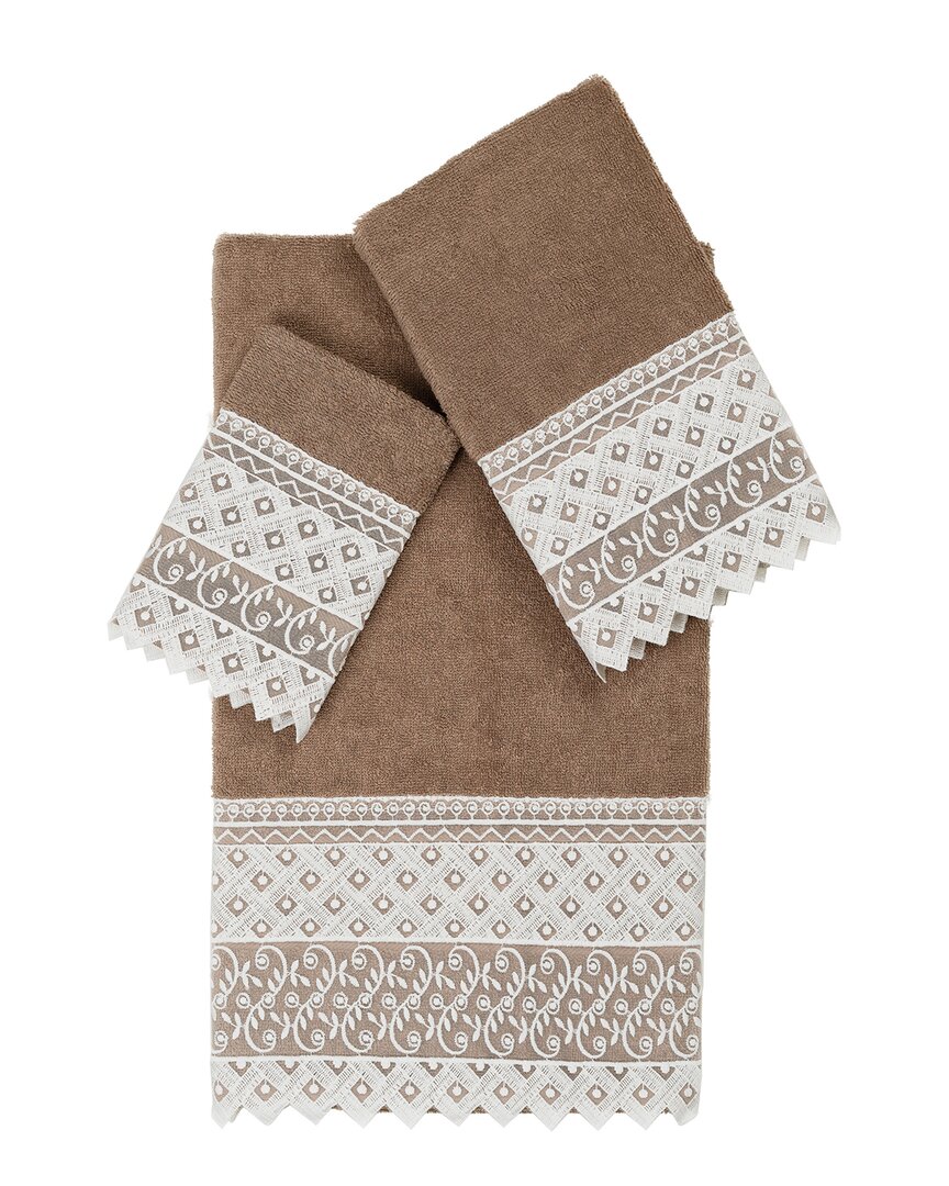 Linum Home Textiles 100% Turkish Cotton Aiden 3pc White Lace Embellished Towel Set In Brown