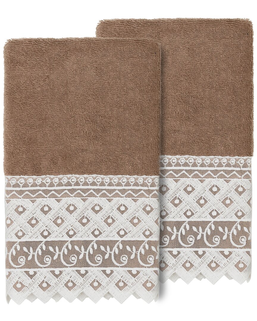 Linum Home Textiles 100% Turkish Cotton Aiden 2pc White Lace Embellished Hand Towel Set In Beige