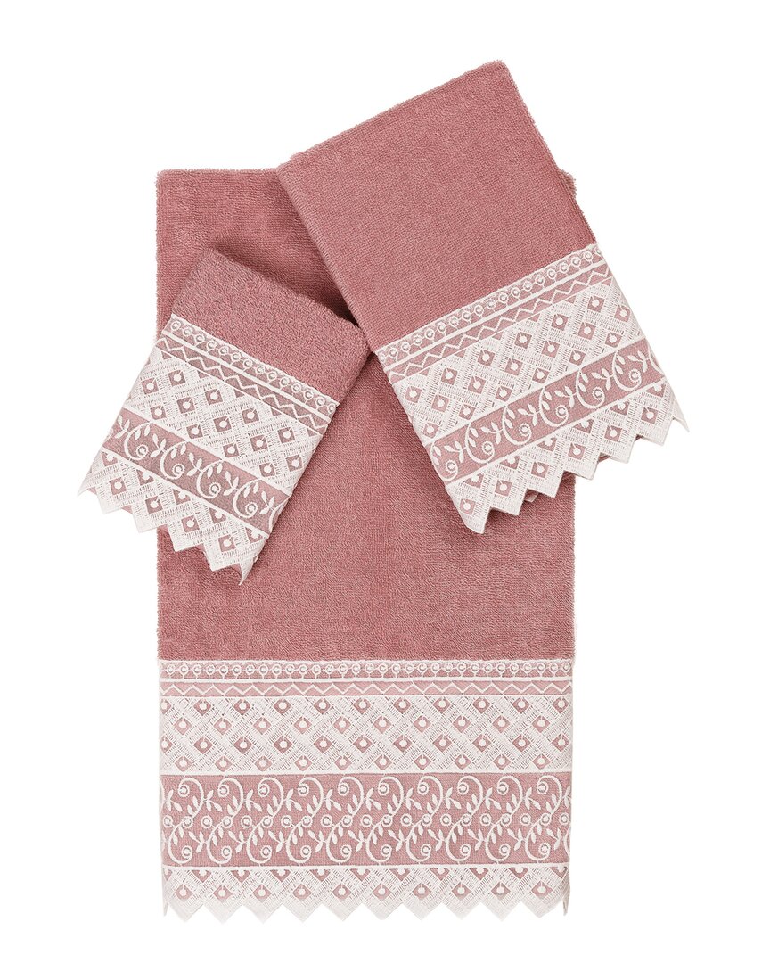 Linum Home Textiles 100% Turkish Cotton Aiden 3pc White Lace Embellished Towel Set In Pink