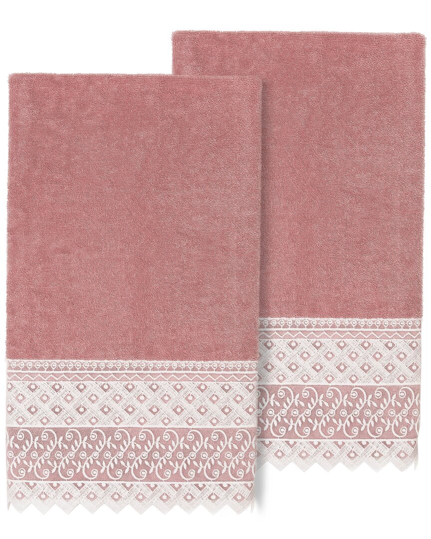 Linum Home Textiles 100% Turkish Cotton Aiden 2pc White Lace Embellished Bath Towel Set In Pink
