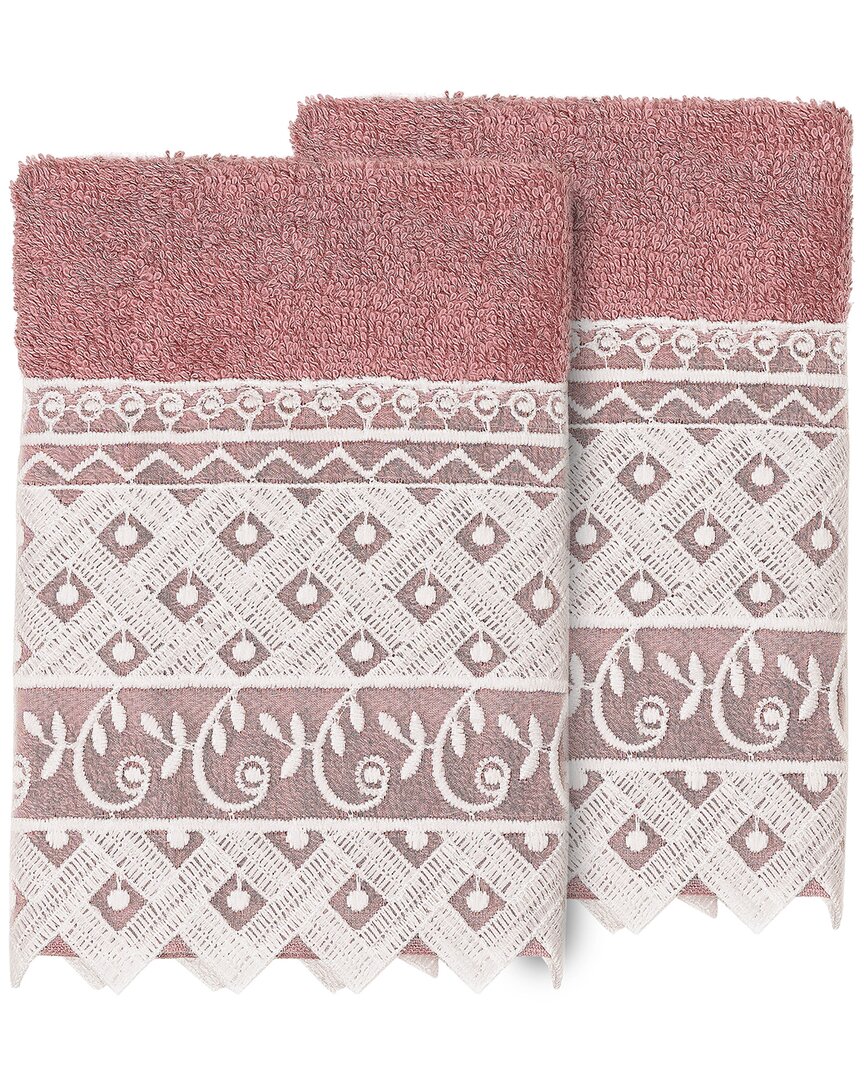 Linum Home Textiles 100% Turkish Cotton Aiden 2pc White Lace Embellished Washcloth Set In Pink