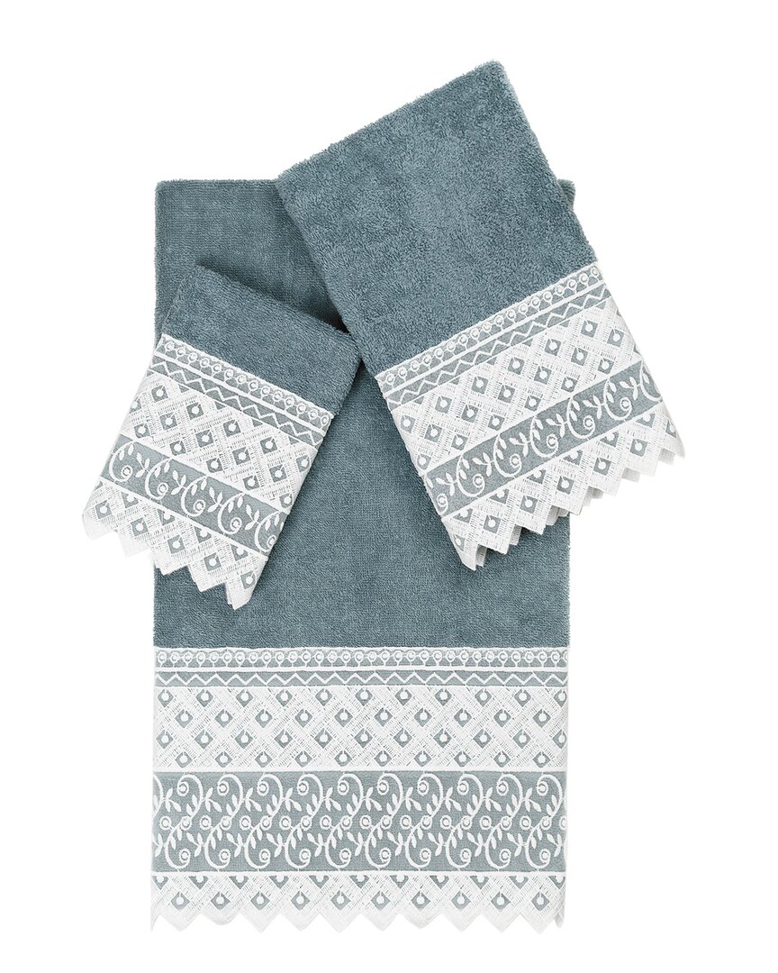 Linum Home Textiles 100% Turkish Cotton Aiden 3pc White Lace Embellished Towel Set In Teal