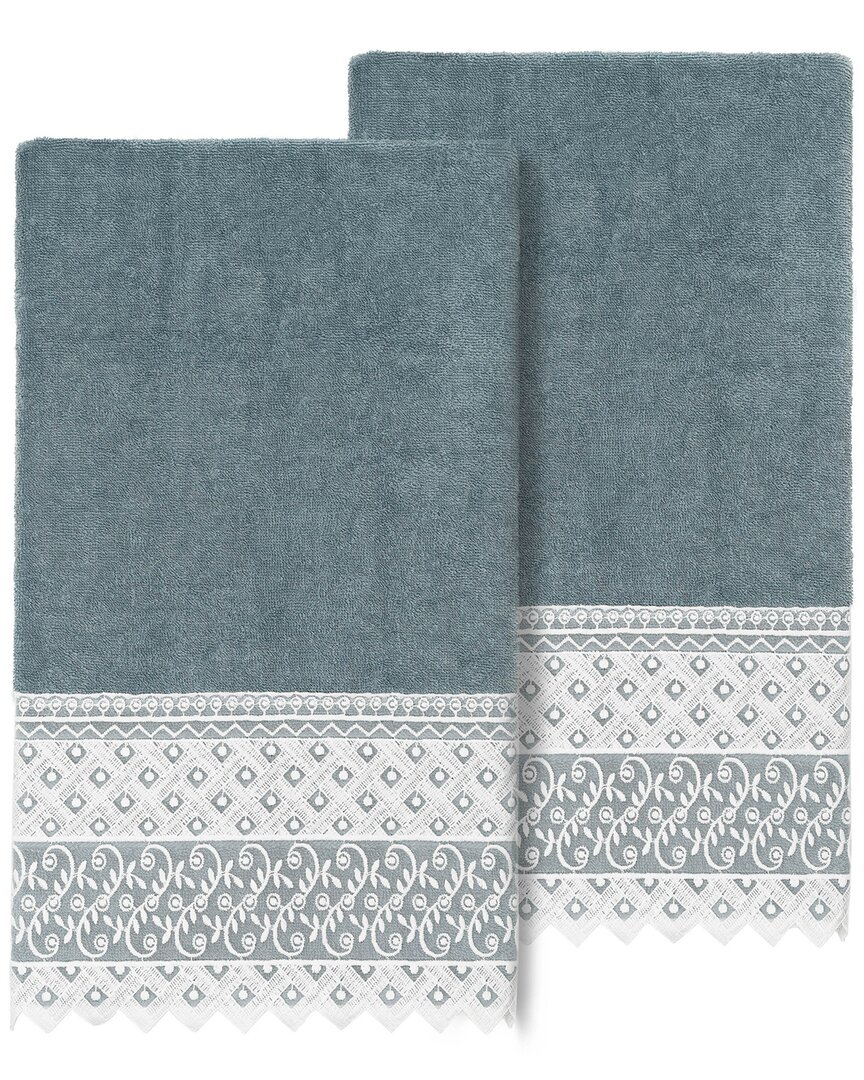Linum Home Textiles 100% Turkish Cotton Aiden 2pc White Lace Embellished Bath Towel Set In Teal