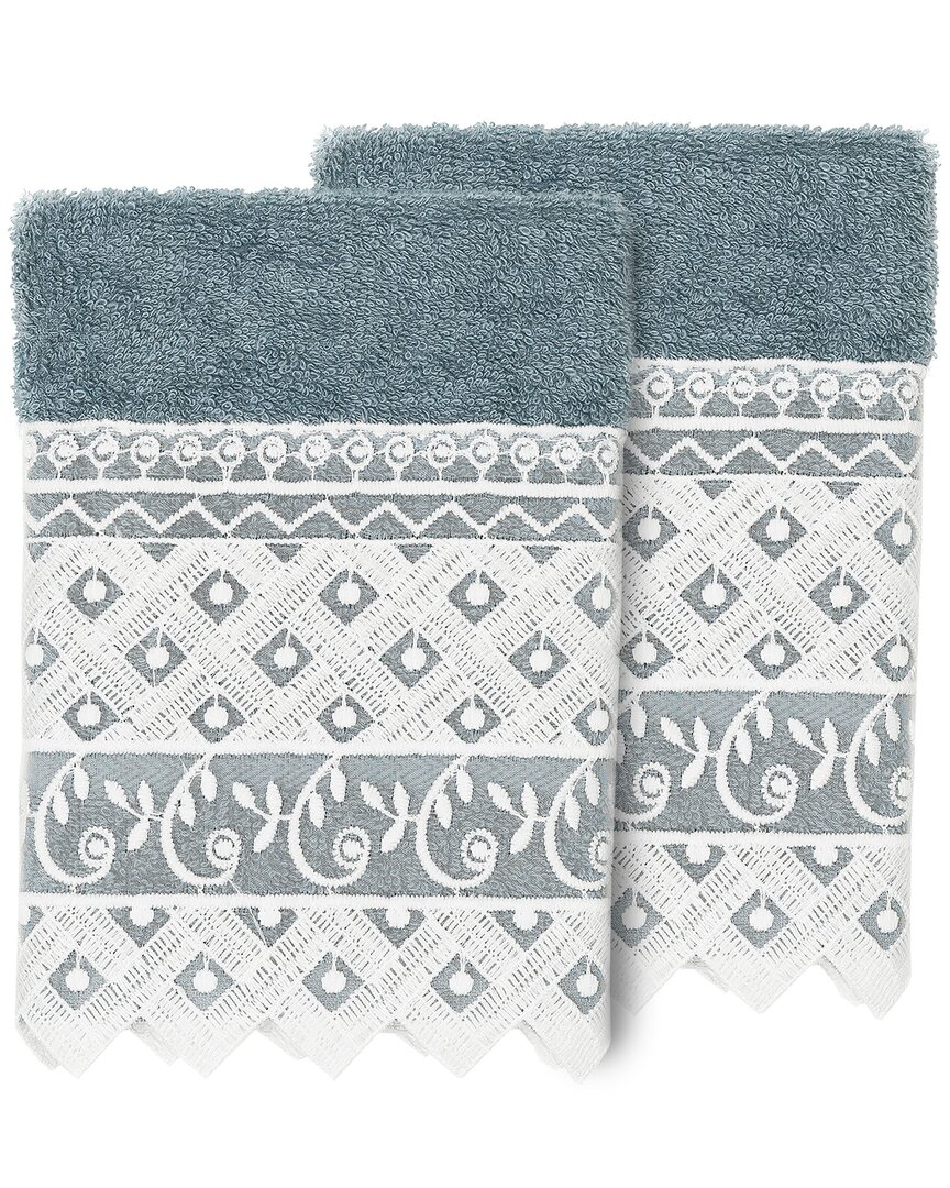 Linum Home Textiles 100% Turkish Cotton Aiden 2pc White Lace Embellished Washcloth Set In Teal