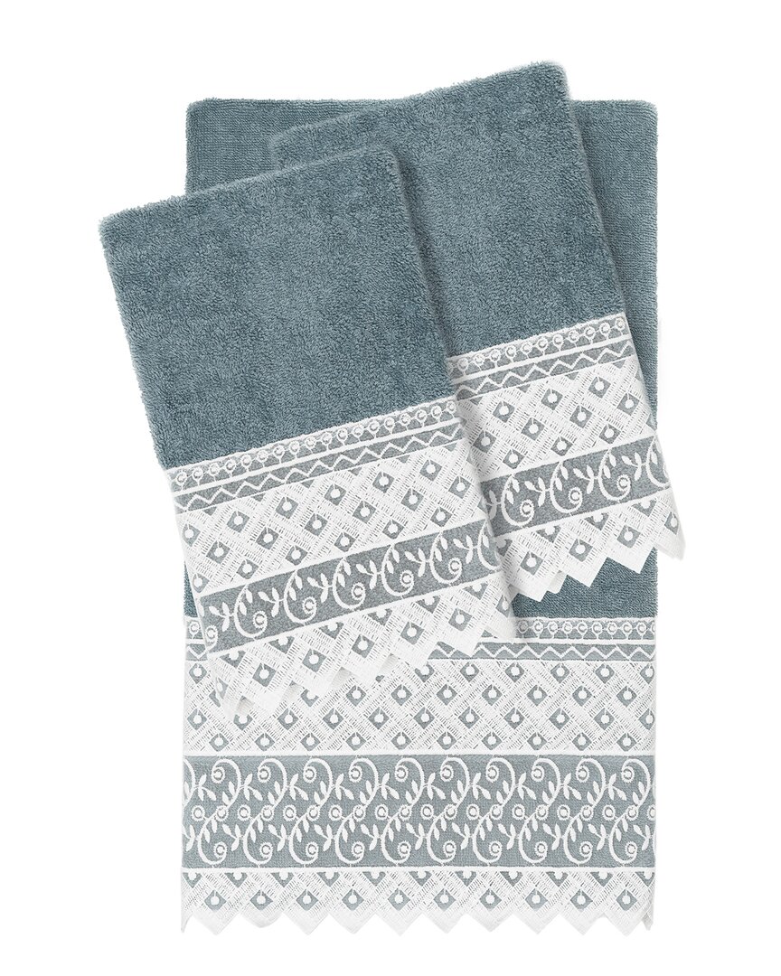 Linum Home Textiles 100% Turkish Cotton Aiden 3pc White Lace Embellished Towel Set In Teal