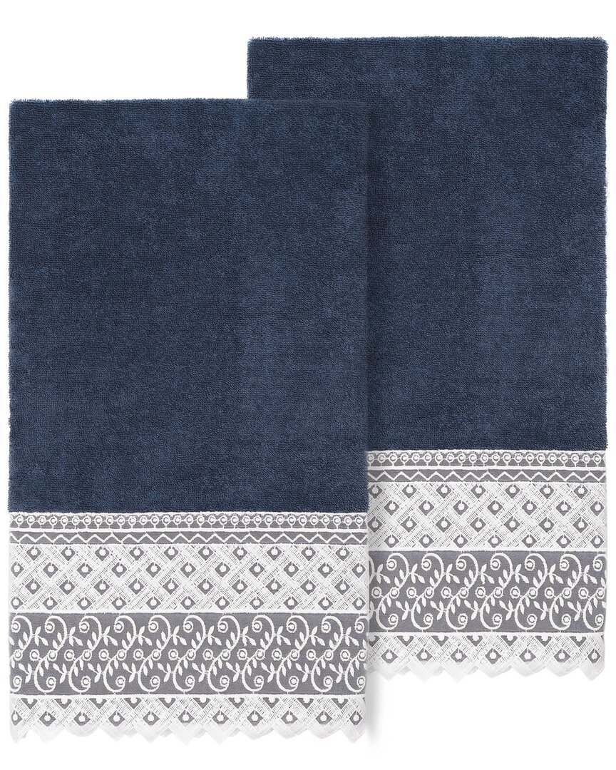 Linum Home Textiles 100% Turkish Cotton Aiden 2pc White Lace Embellished Bath Towel Set In Navy