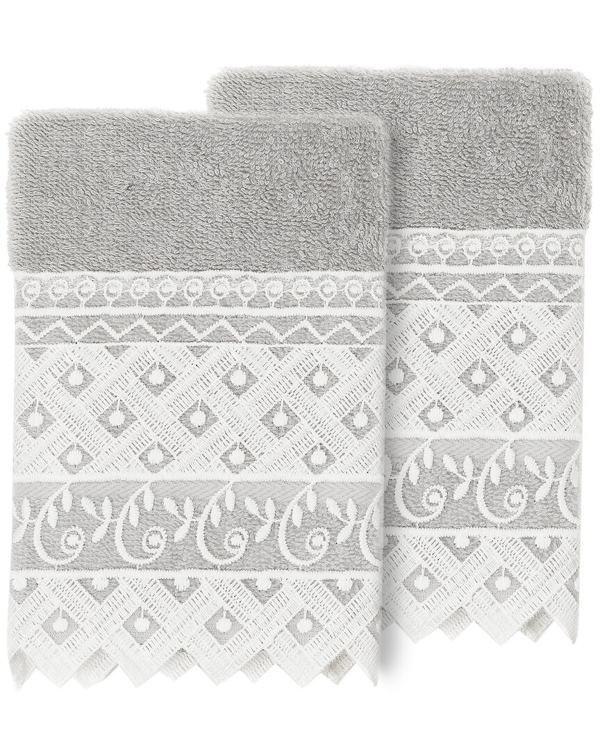 Linum Home Textiles 100% Turkish Cotton Aiden 2pc White Lace Embellished Washcloth Set In Gray