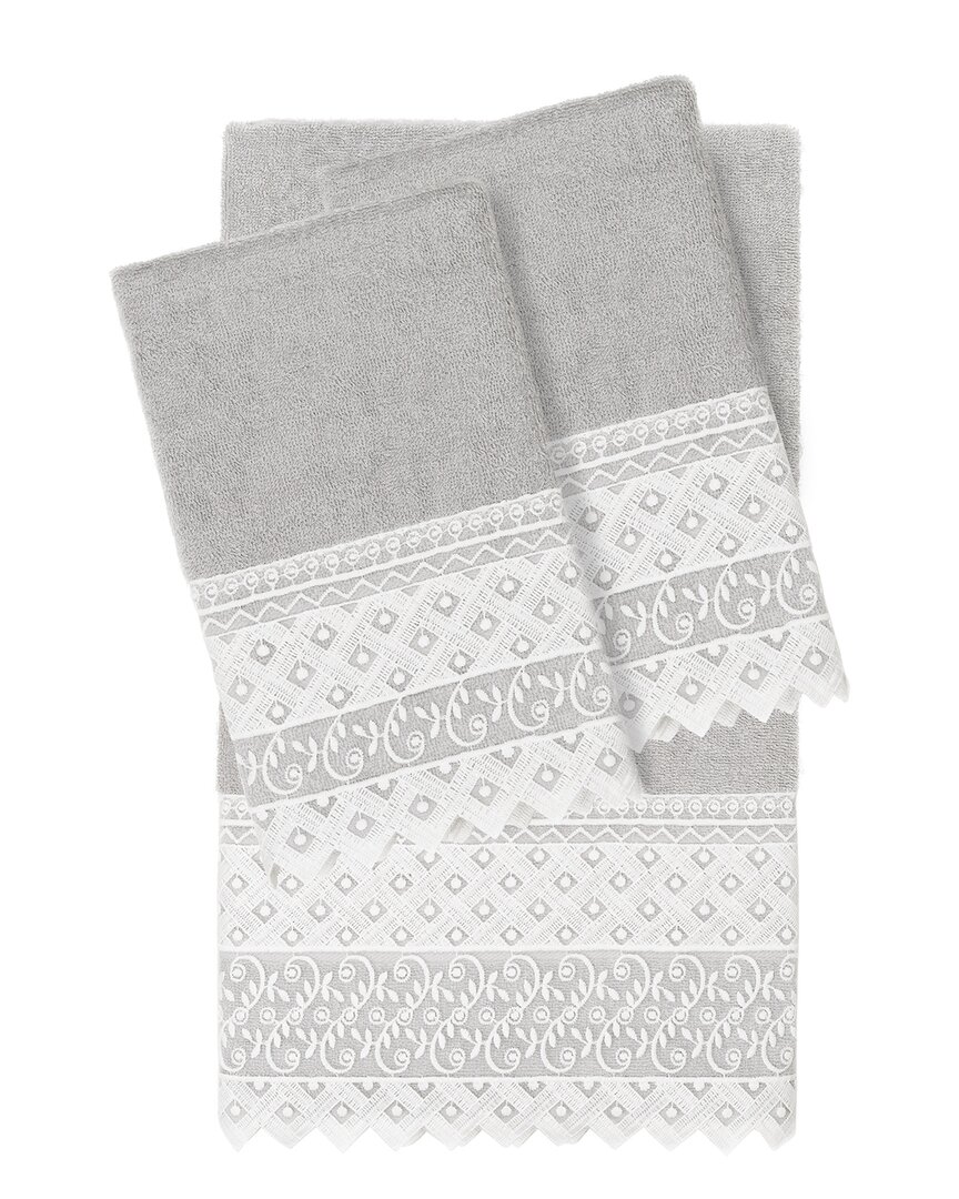 Linum Home Textiles 100% Turkish Cotton Aiden 3pc White Lace Embellished Towel Set In Gray