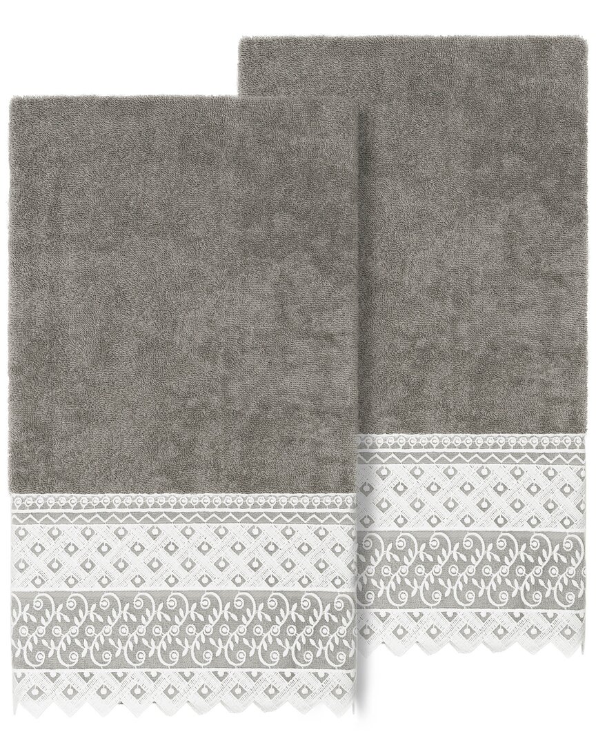 Linum Home Textiles 100% Turkish Cotton Aiden 2pc White Lace Embellished Bath Towel Set In Gray