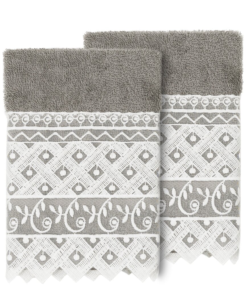 Linum Home Textiles 100% Turkish Cotton Aiden 2pc White Lace Embellished Washcloth Set In Gray