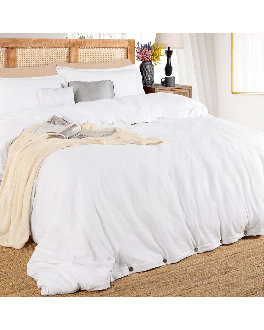Superior Cotton Linen-blend Solid 3pc Duvet Cover Set In White
