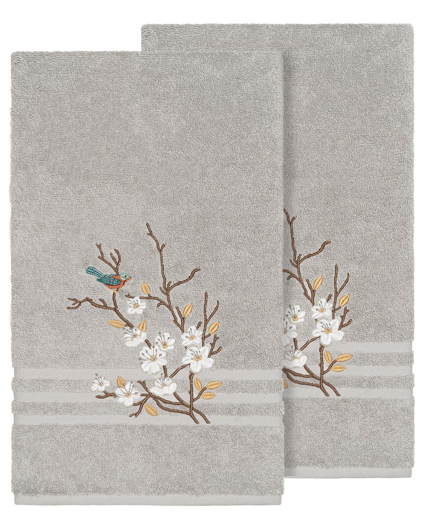 Linum Home Textiles Turkish Cotton Spring Time 2pc Embellished Bath Towel Set In Grey
