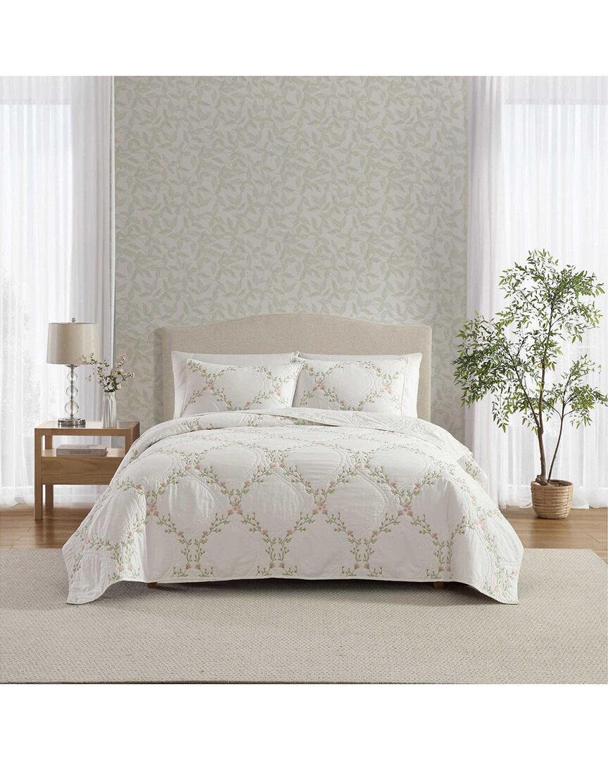 Laura Ashley 136 Thread Count Floral Embroidery Reversible Quilt Set In Pink