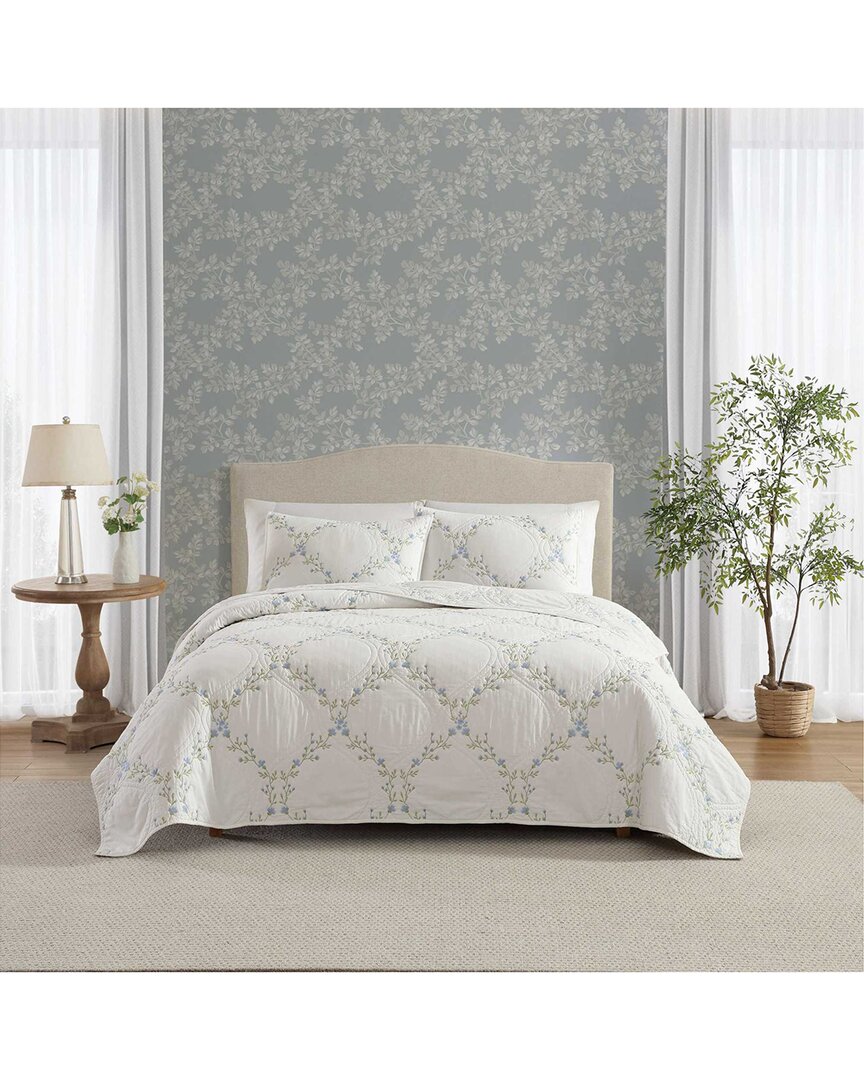 Laura Ashley 136 Thread Count Floral Embroidery Reversible Quilt Set In Blue