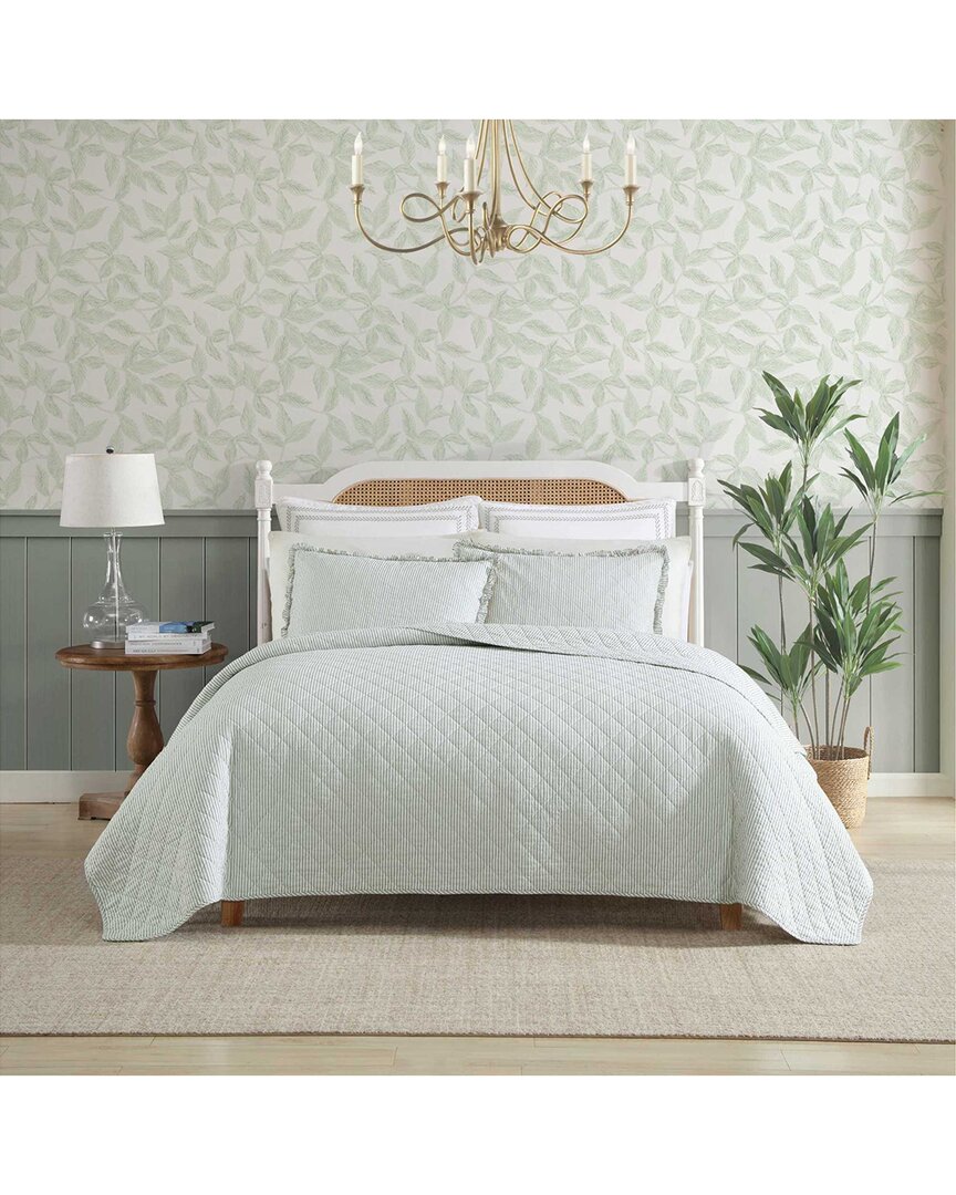Laura Ashley 136 Thread Count Oxford Stripe Reversible Quilt Set In Green