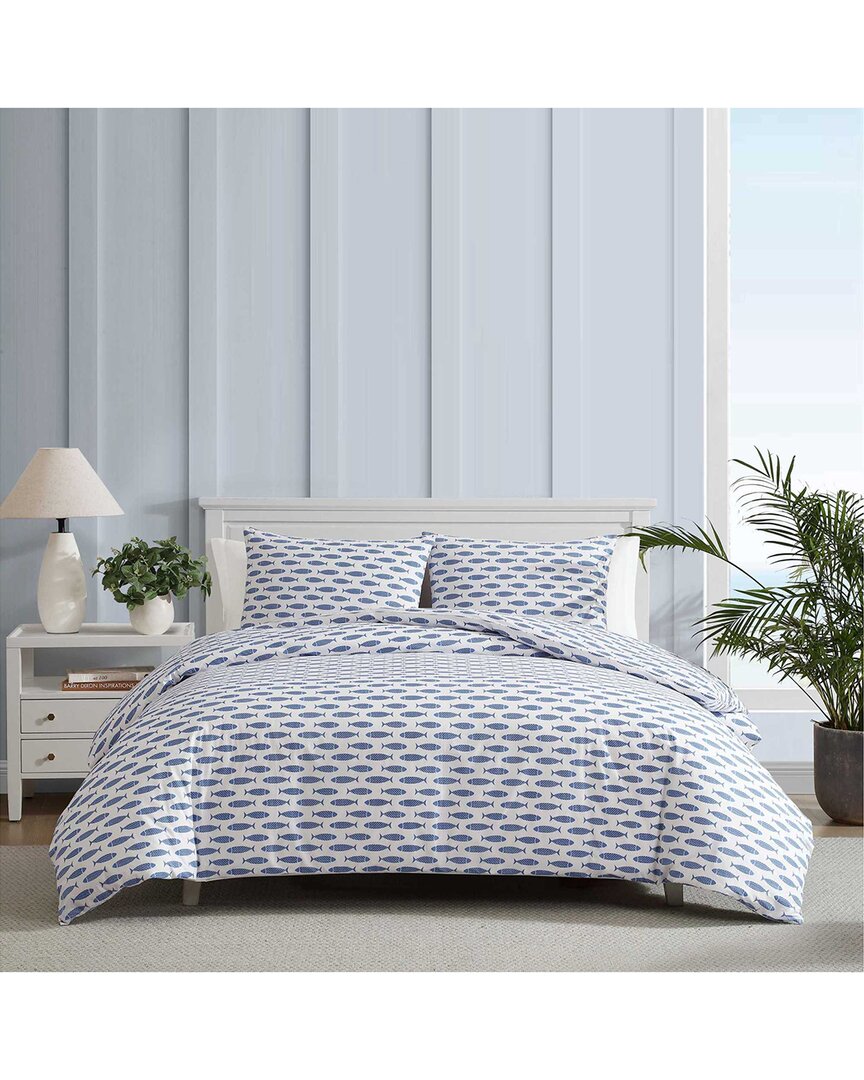 Nautica 200 Thread Count Woodblock Fish Percale Duvet Cover Set In Blue