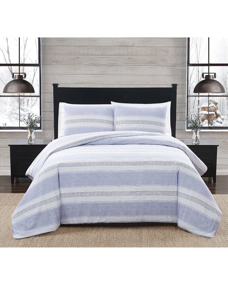 London Fog Blue Stripe Flannel Comforter Set In White