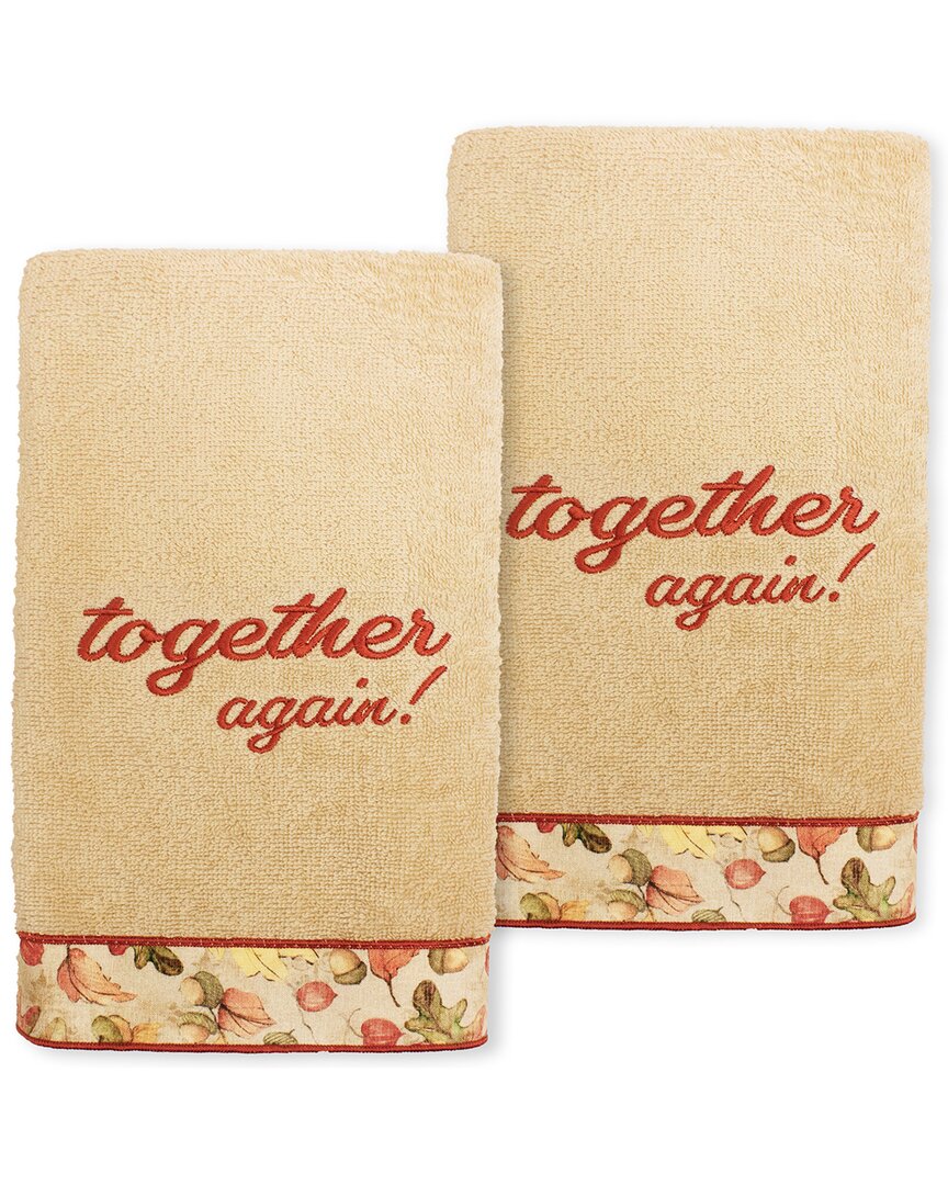 Linum Home Textiles Thanksgiving Together Again Embroidered Turkish Cotton Hand Towels (set Of 2) In Sand