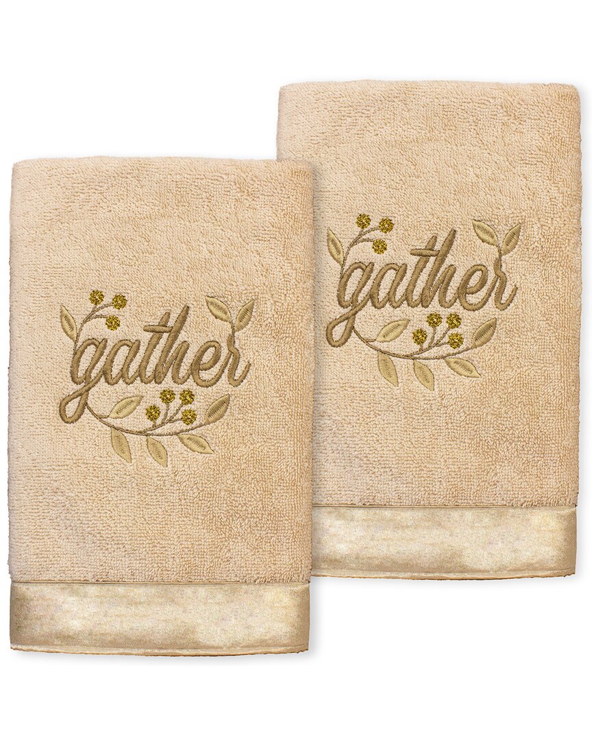 Linum Home Textiles Gather Embroidered Turkish Cotton Hand Towels (set Of 2) In Sand