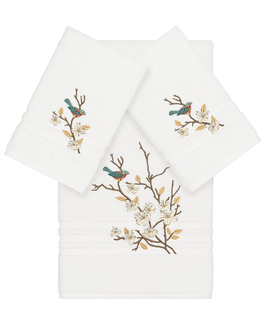 Linum Home Textiles Turkish Cotton Spring Time 3pc Embellished Bath & Hand Towel Set In White