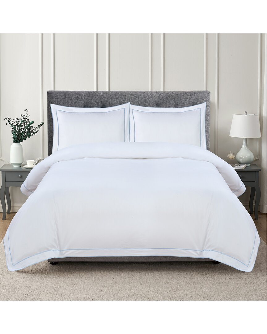 Melange Home 600 Thread Count Framed Embroidery Sateen Cotton Duvet Set In Blue