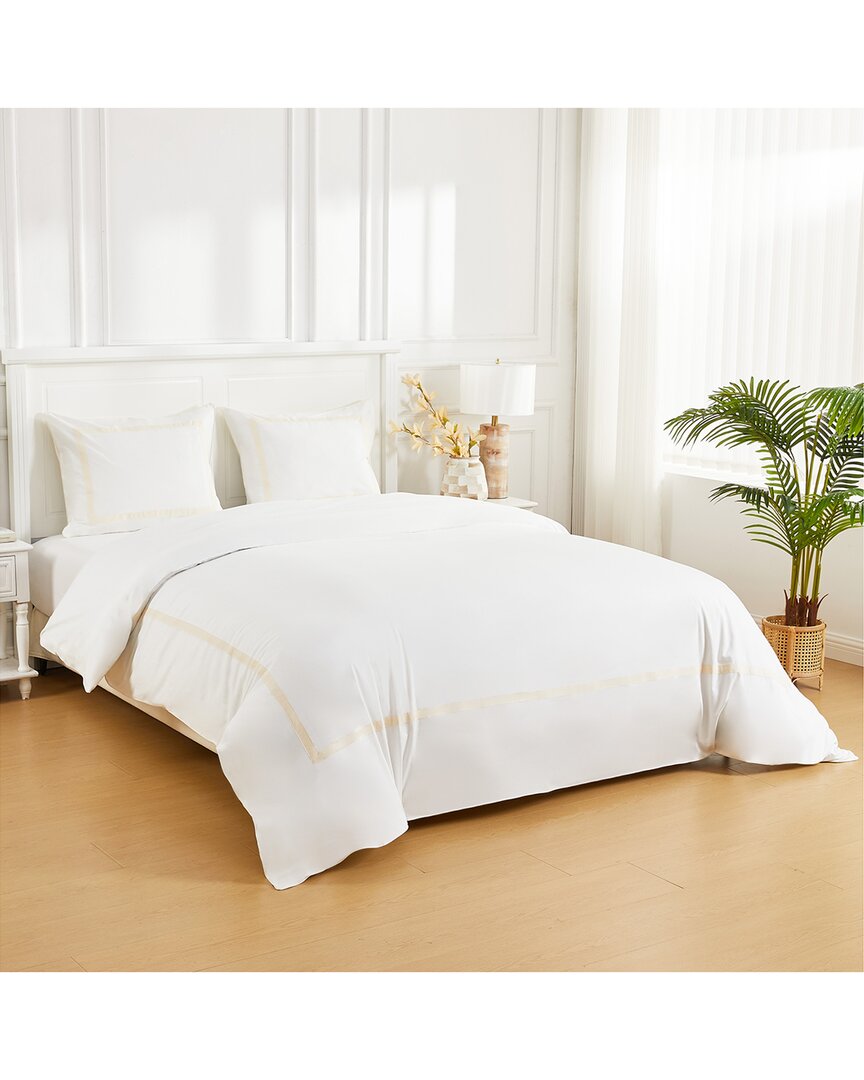 Melange Home 300 Thread Count Percale Cotton Classic Double Border Duvet Set In White