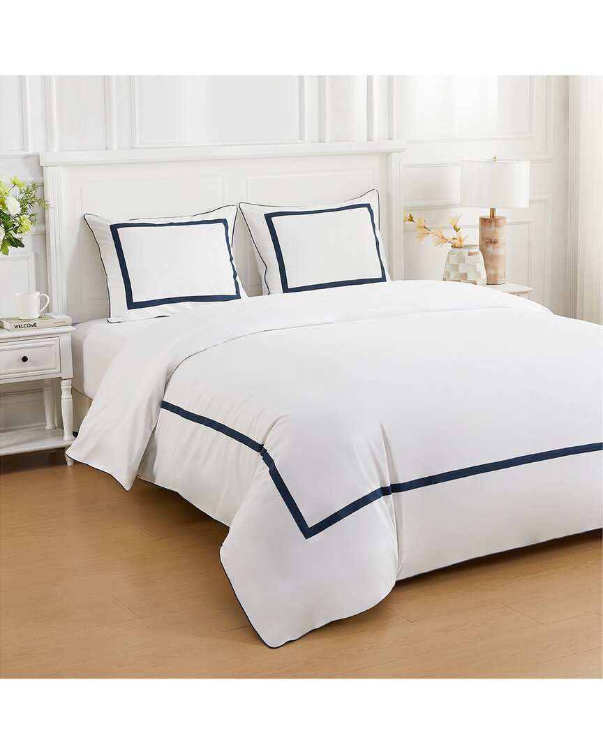 Melange Home 300 Thread Count Percale Cotton Classic Double Border Duvet Set In Navy