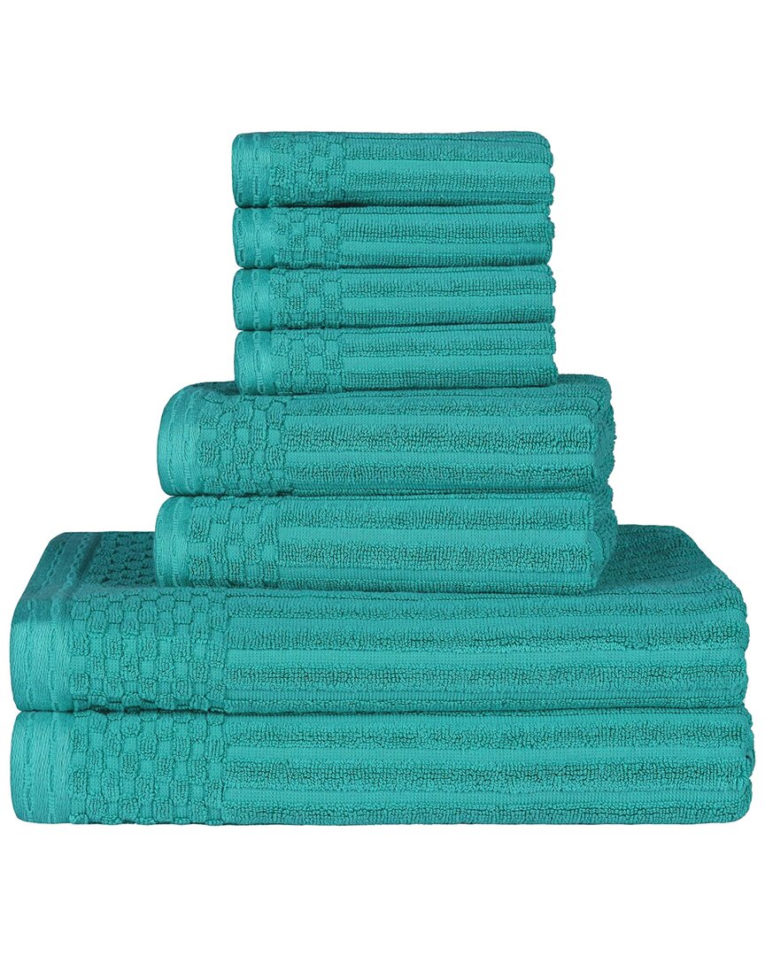 Superior Cotton Highly Absorbent 8pc Solid And Checkered Border Towel Set In Turquoise