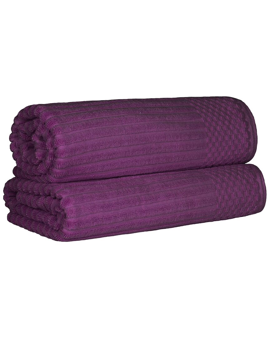 Superior Cotton Highly Absorbent Solid And Checkered Border Bath Sheet Set In Purple