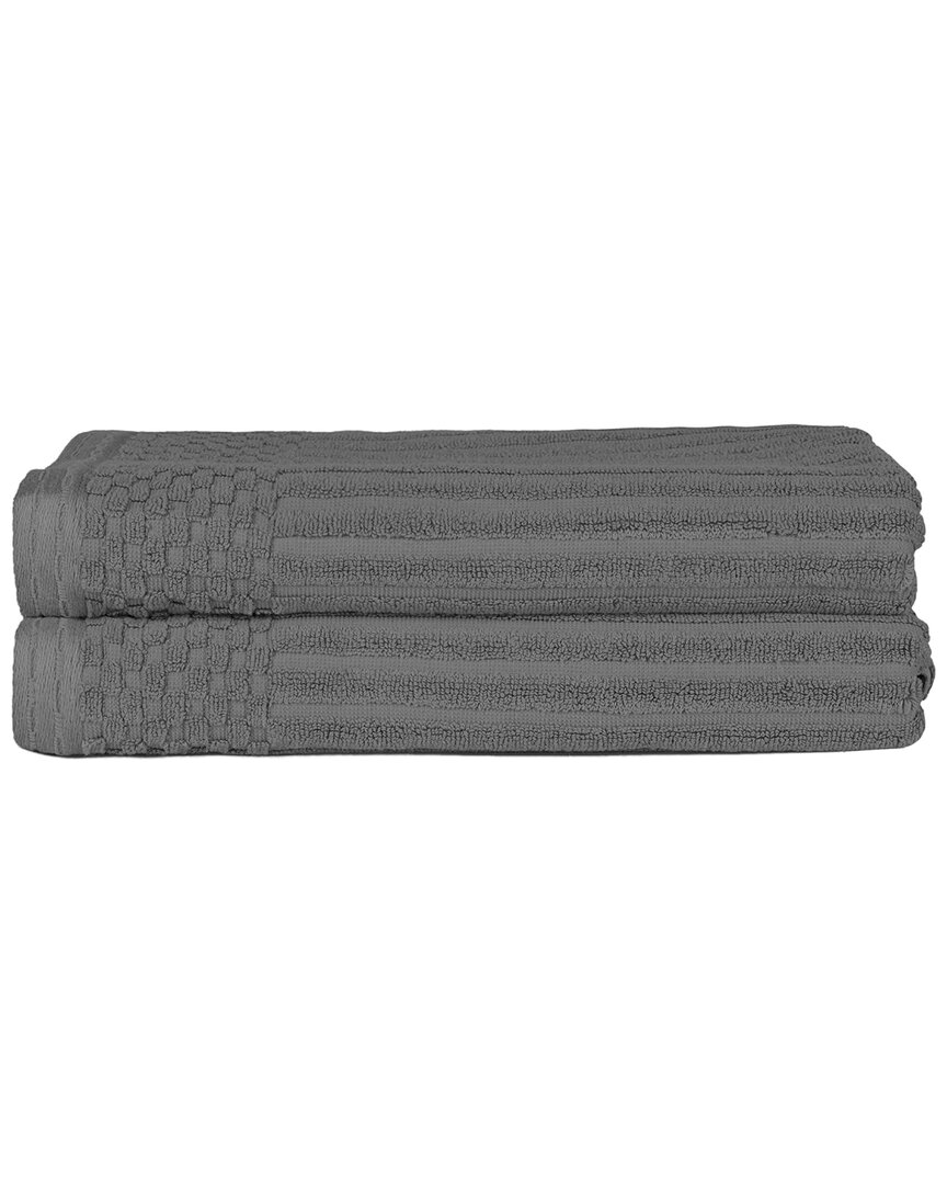 Superior Cotton Highly Absorbent Solid And Checkered Border Bath Towel Set In Charcoal