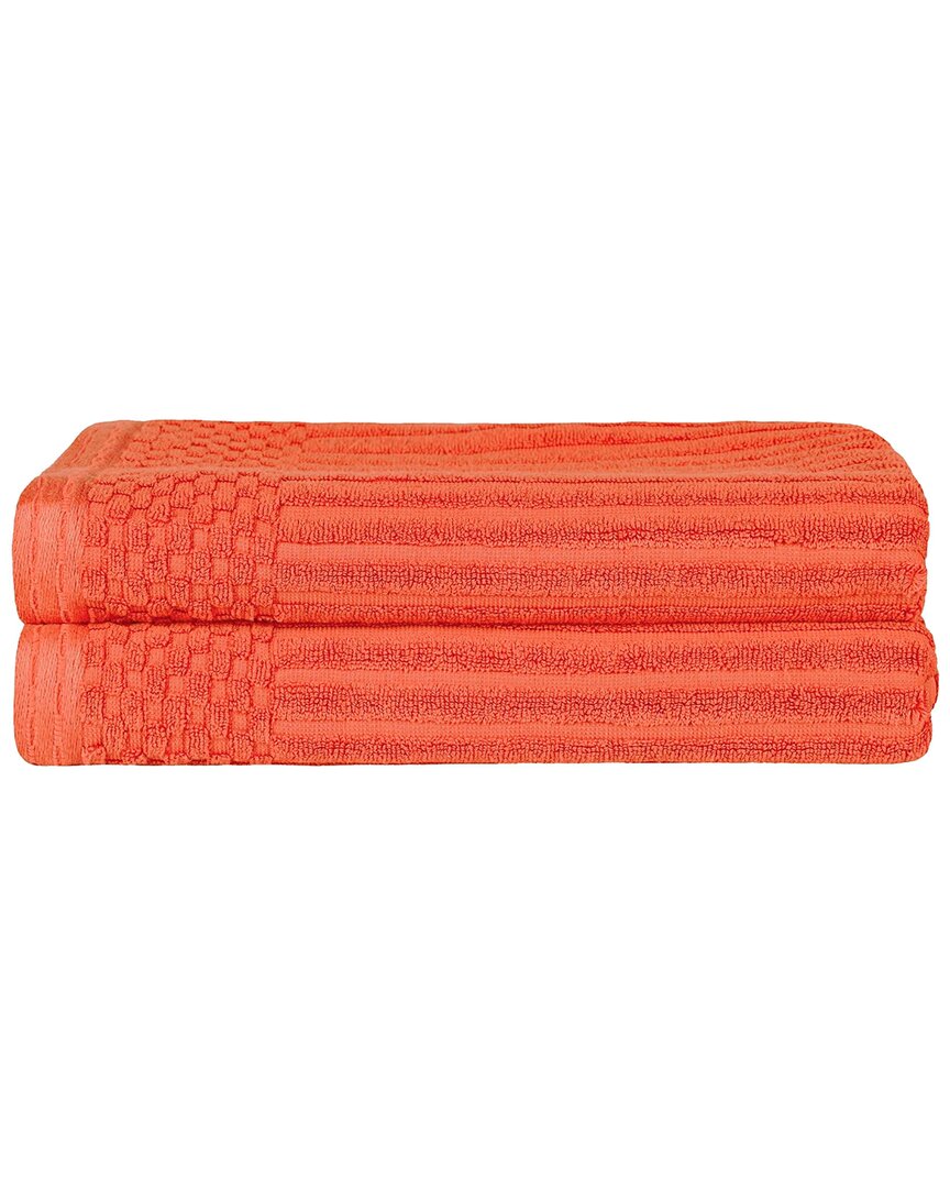 Superior Cotton Highly Absorbent Solid And Checkered Border Bath Towel Set In Coral