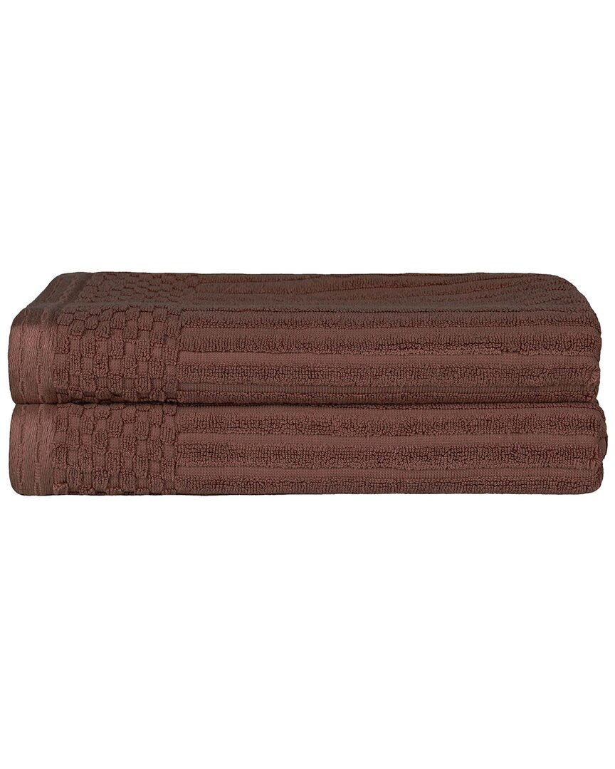Superior Cotton Highly Absorbent Solid And Checkered Border Bath Towel Set In Brown