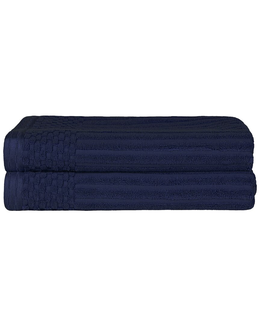 Superior Cotton Highly Absorbent Solid And Checkered Border Bath Towel Set In Navy