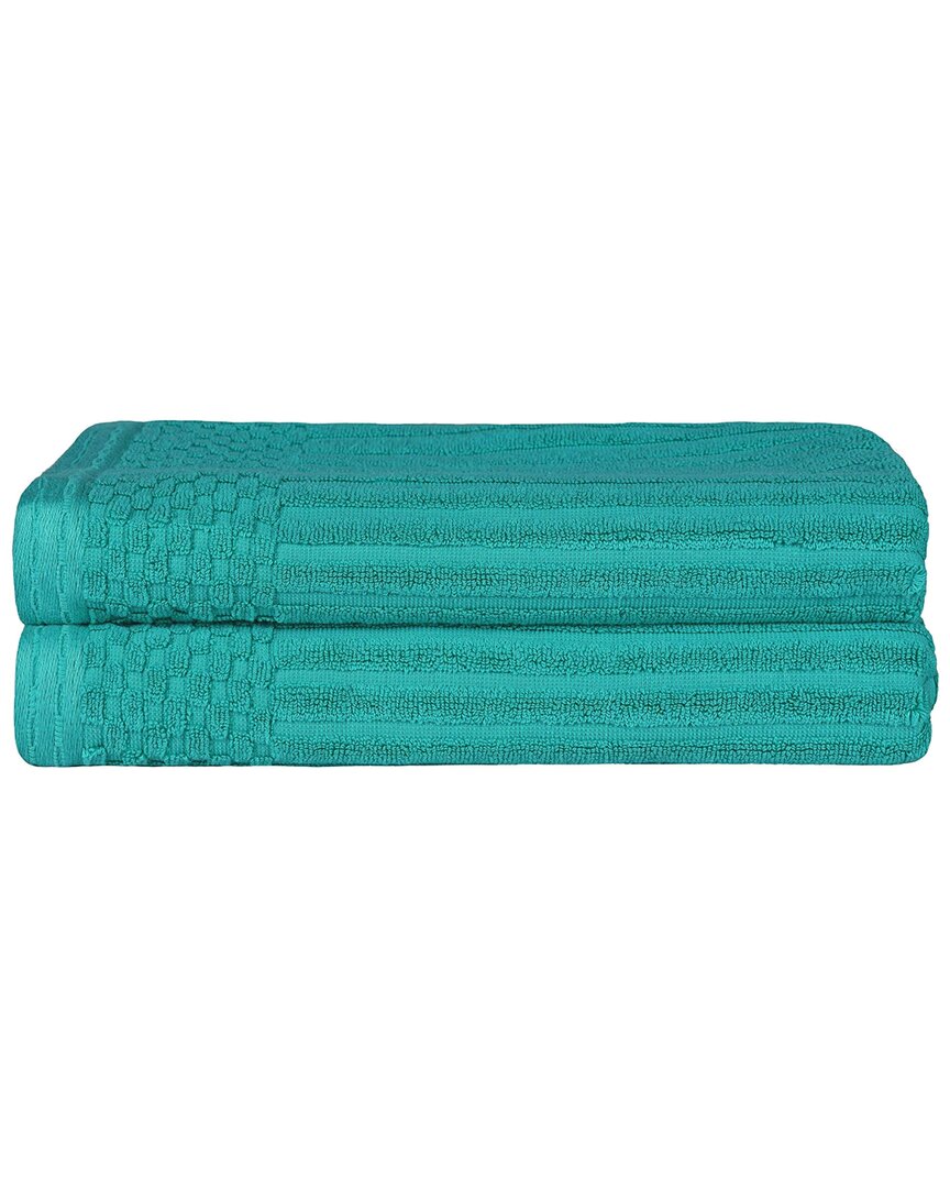 Superior Cotton Highly Absorbent Solid And Checkered Border Bath Towel Set In Turquoise