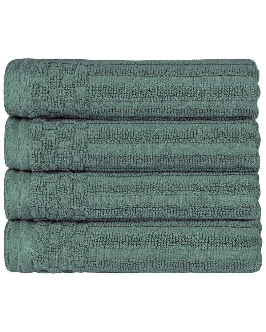 Superior Cotton Highly Absorbent Solid And Checkered Border Hand Towel Set In Green