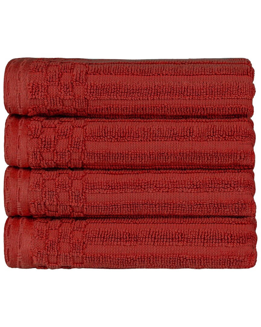 Superior Cotton Highly Absorbent Solid And Checkered Border Hand Towel Set In Burgundy