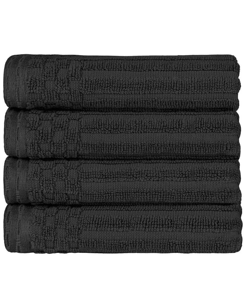 Superior Cotton Highly Absorbent Solid And Checkered Border Hand Towel Set In Black