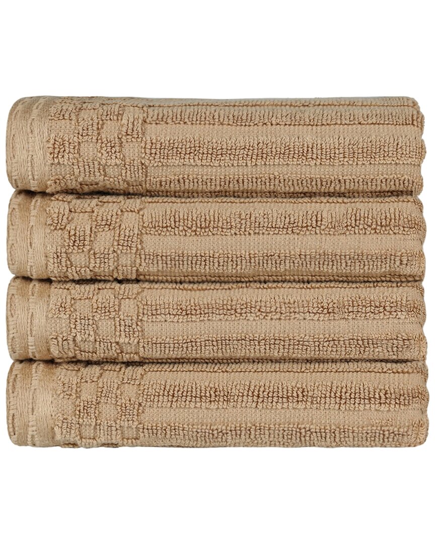 Superior Cotton Highly Absorbent Solid And Checkered Border Hand Towel Set In Coffee