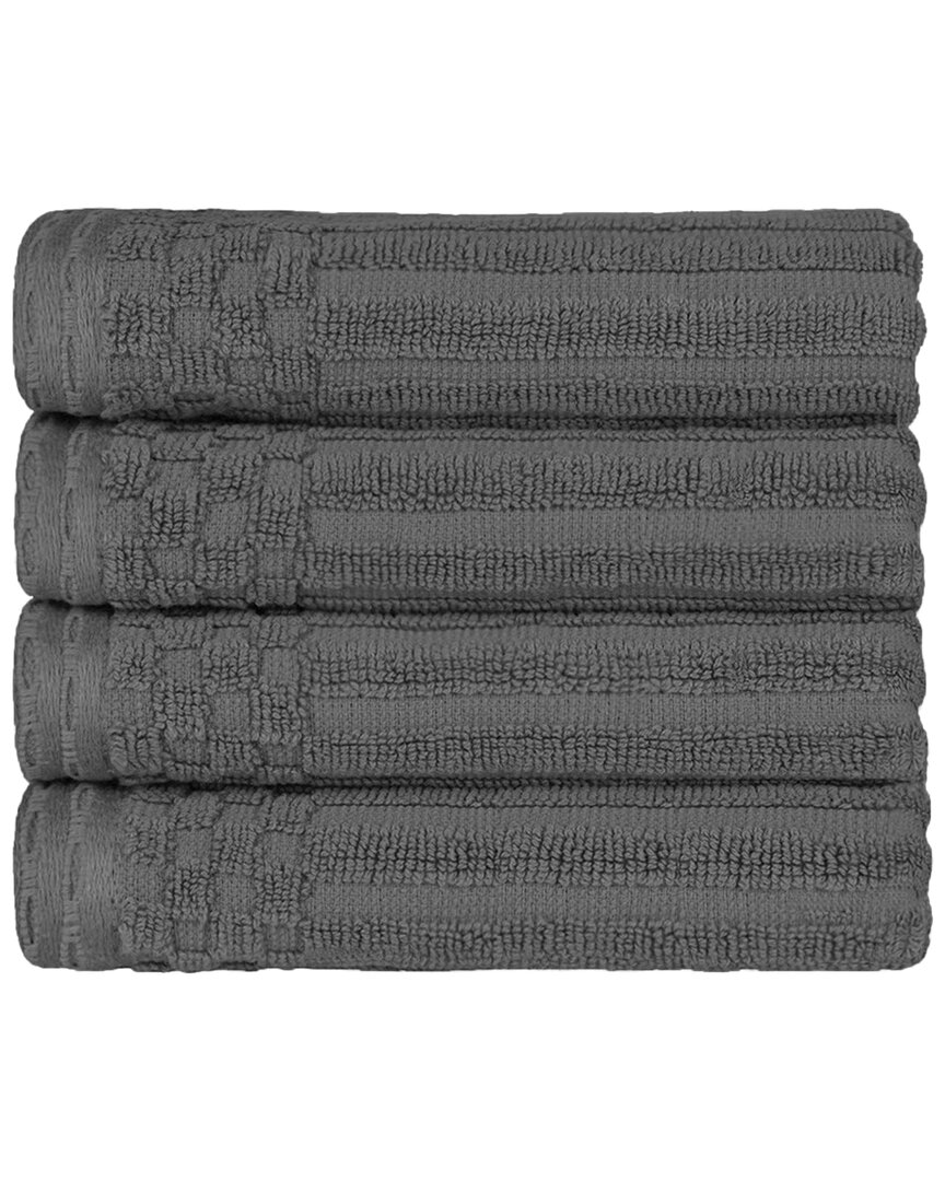 Superior Cotton Highly Absorbent Solid And Checkered Border Hand Towel Set In Charcoal