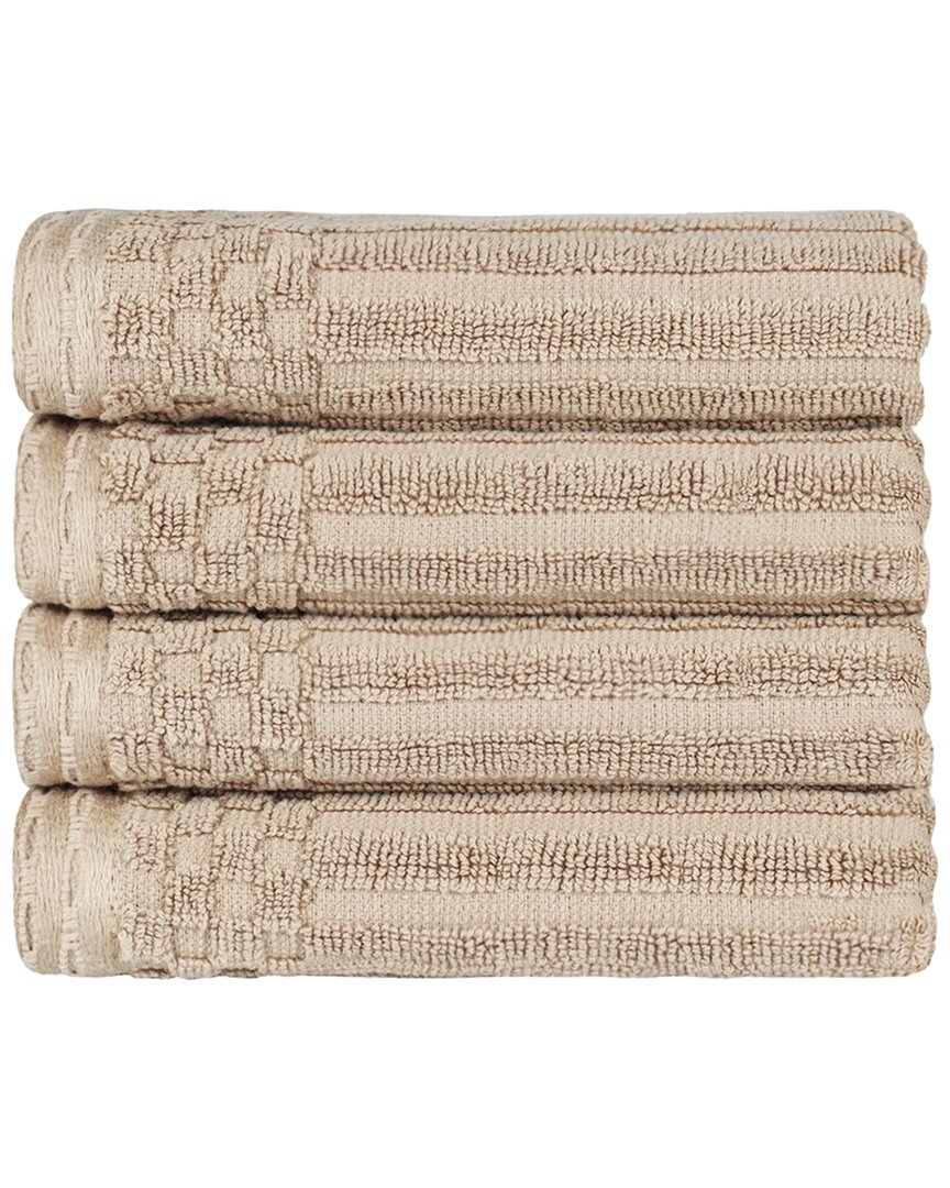 Superior Cotton Highly Absorbent Solid And Checkered Border Hand Towel Set In Ivory