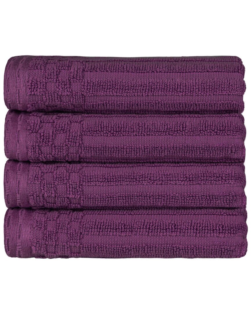 Superior Cotton Highly Absorbent Solid And Checkered Border Hand Towel Set In Purple